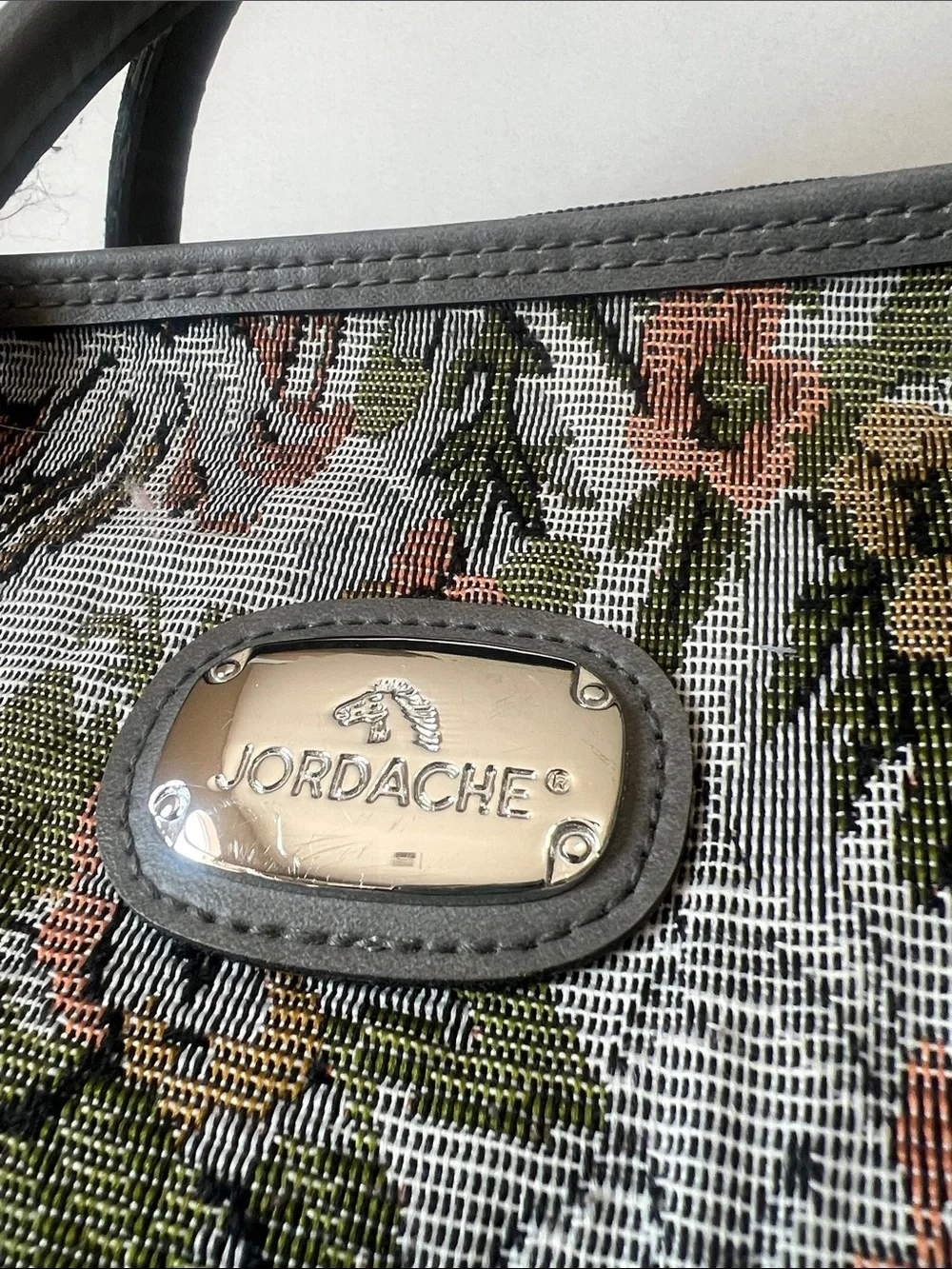 Vintage Jordache Floral Tapestry Duffel Bag in Gray with Pink and Olive Accents